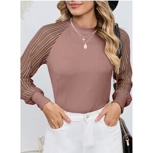 Womens Fall Crewneck Mesh Lace Long Sleeve Ribbed Knit Blouses Pullover